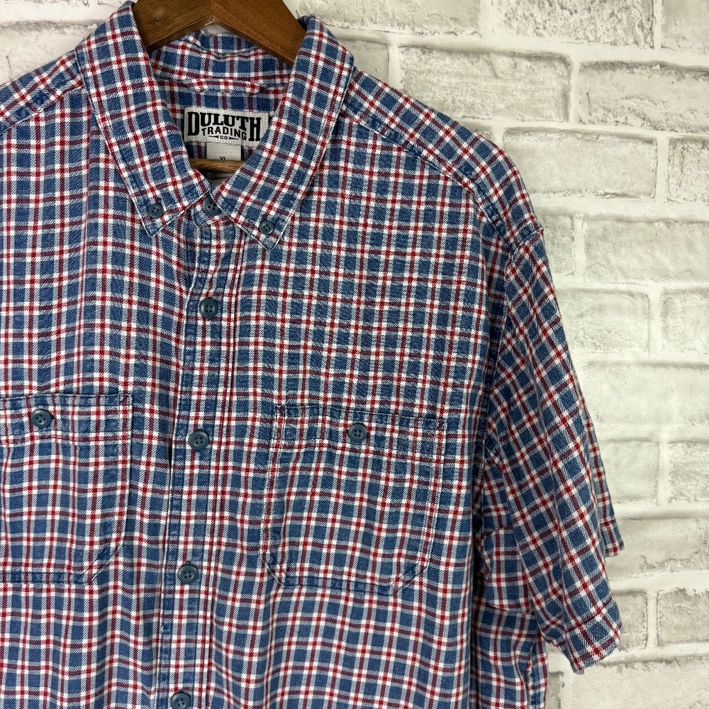 Duluth Trading Untucked Red White & Blue Plaid Casual Button Down Shirt Mens XL